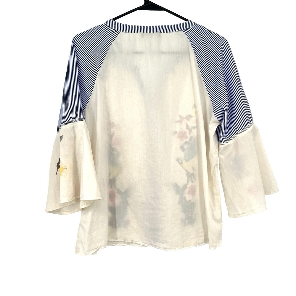 Pastel Women's Bird Floral Blouse Blue Stripe Bell Sleeve Boho Button Front Top - Picture 2 of 7